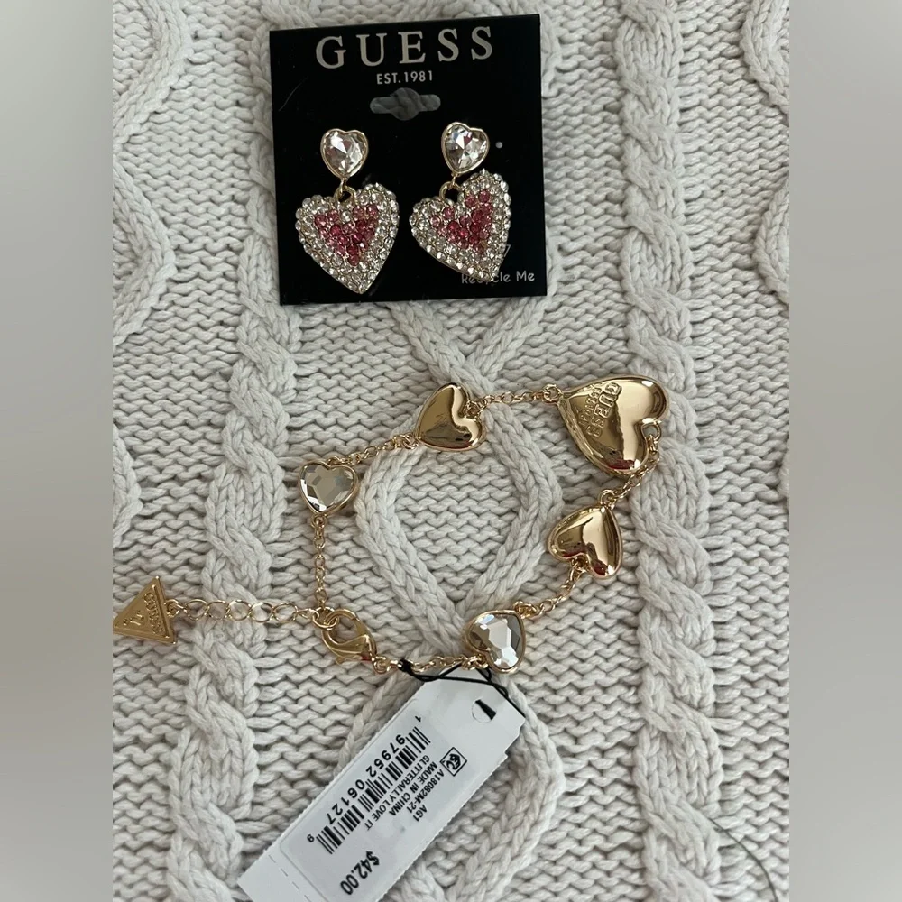GUESS SET of Gold and Pink Heart Earrings with Matching Bracelet great gift! - Picture 4 of 15